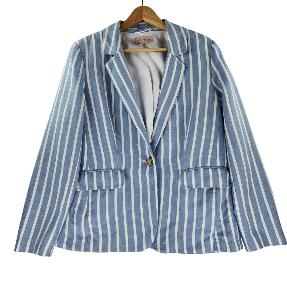 Philosophy Blazer Womens Large Blue White Striped Linen Blend Coastal Jacket